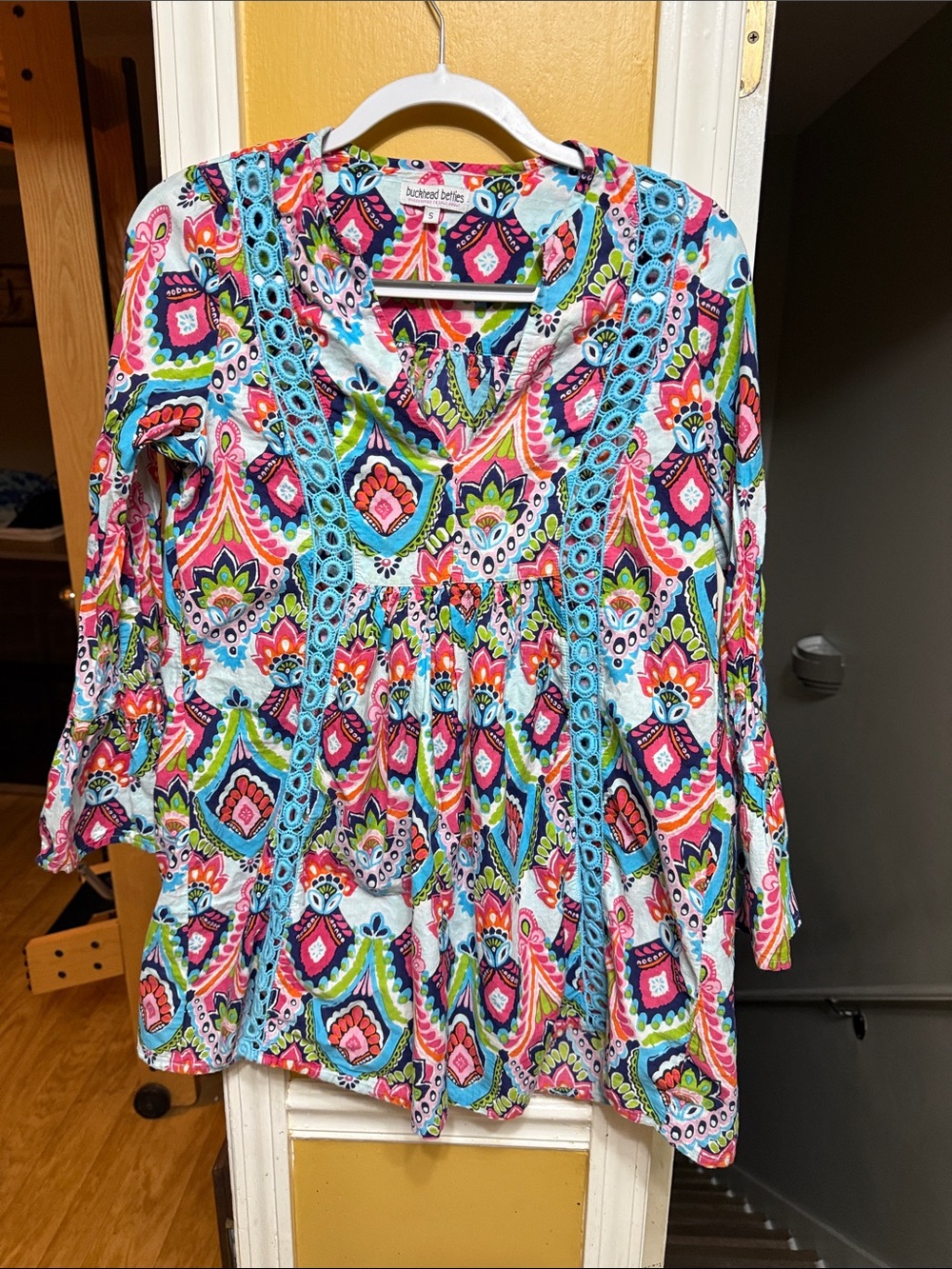 Buckhead Betties Boho Multicolor Paisley Tunic Top Size S 100% Cotton Crochet